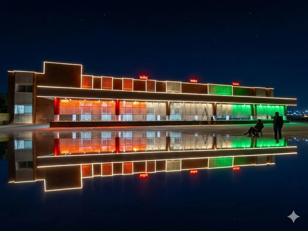 Kalol railway station facade lit in tricolour at night