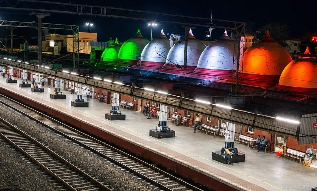 Palanpur railway station platform at night with its domes lit saffron, white and green